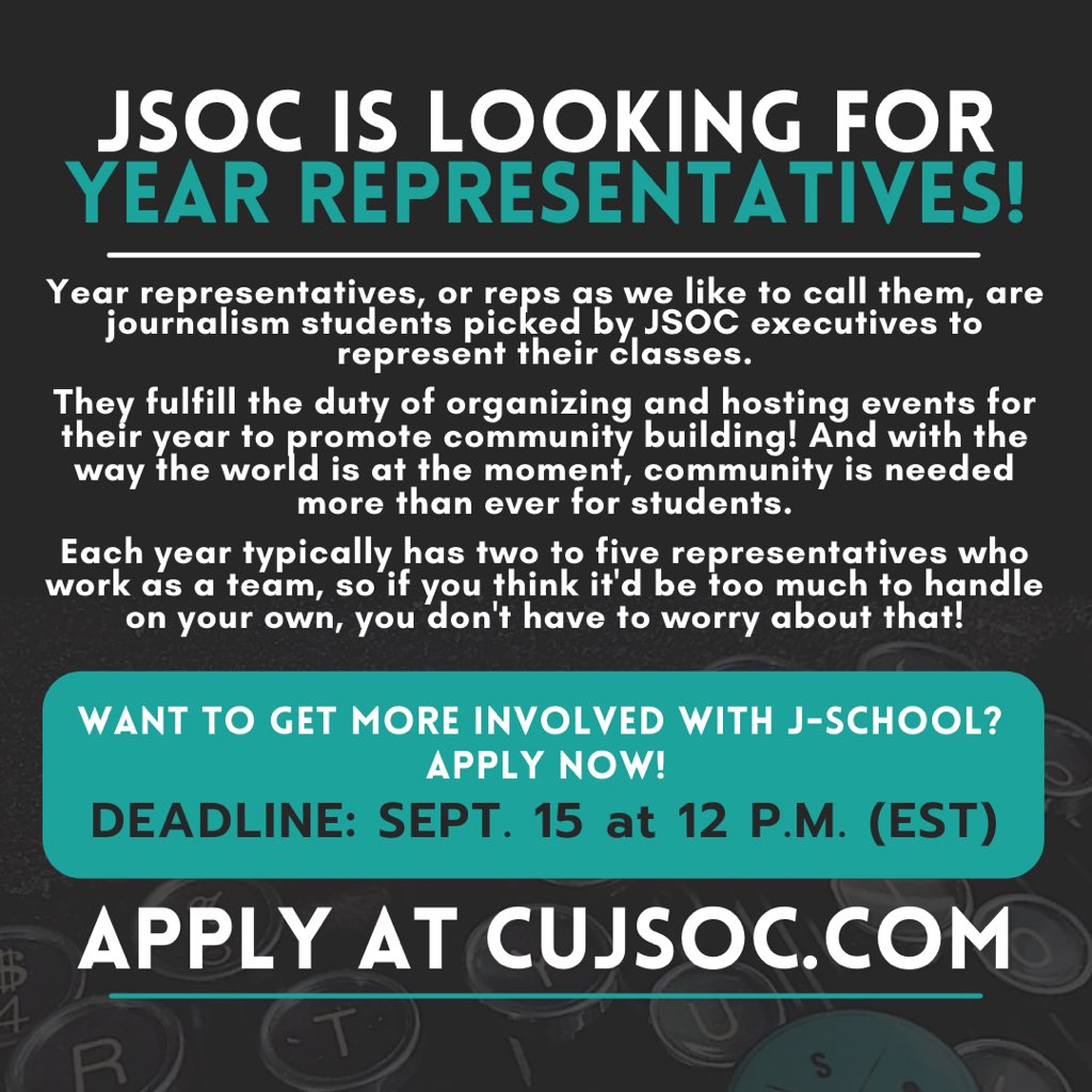 Our year representative applications are closing in TWO DAYS! If you love planning events and are interested in being the voice for your year on JSOC, apply today at cujsoc.com/year-represent…!