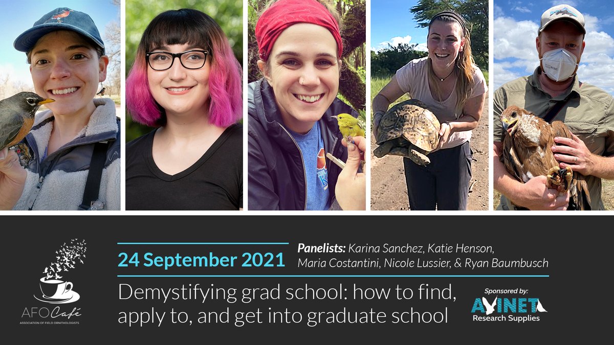 Our next AFO Café will be a panel discussion for students on September 24, 2021 - 4 PM: "Demystifying Grad School: how to find, apply to, and get into graduate school." Registration open at: afonet.org/afo-cafe/ | #ornithology #gradschool #ecology #sciencecafe
