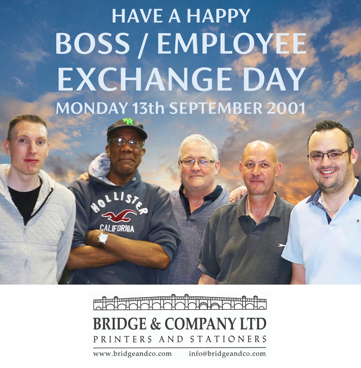BridgePrint's tweet photo. Exchange Day, when workers and bosses swap roles. 
A day when bosses graft, make tea and generally outshine their employees !  
Ok, I will wait for the abusive comments...........
Good luck lads...
(  Just joshing about, where would I be without these beautiful people !! ) https://t.co/Wi4Q9AGNMm