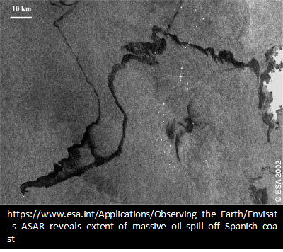 SistersofSAR's tweet photo. 🌞#SARFact Monday! #DYK⁉️ that the suppression of small capillary waves 〰️on the #ocean🌊 surface by oil from anthropogenic sources🚢or natural biological slicks results in less #radar backscatter towards the #sensor, & hence, darker pixels! #themoreyouknow https://t.co/uloJ250SiW
