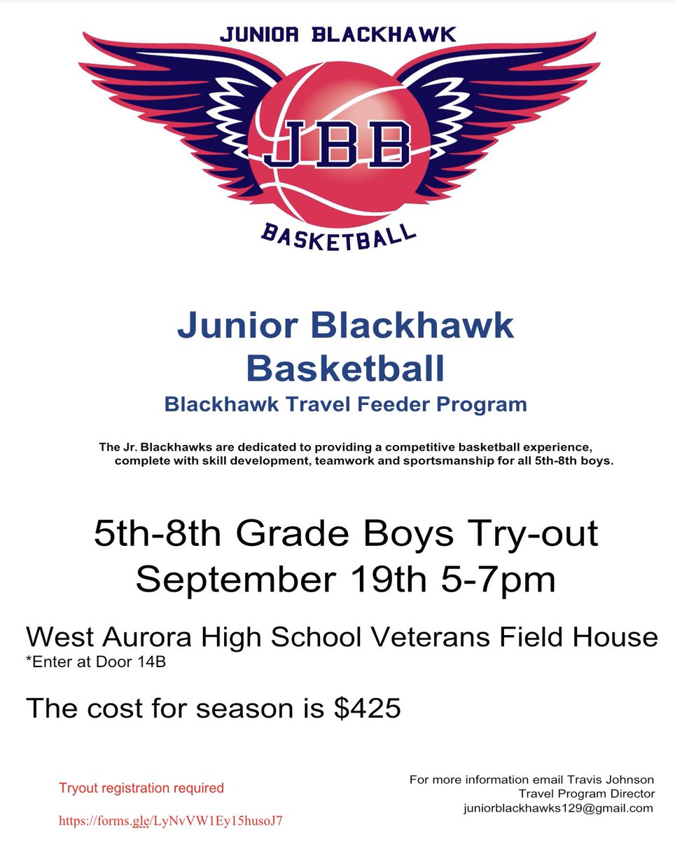 Last week to register. Tryouts Sunday!!! Do not miss out on the opportunity to play with your future high school teammates while also getting a step ahead of everyone and learning how to run West Aurora’s offense!                                          forms.gle/LyNvVW1Ey15hus…