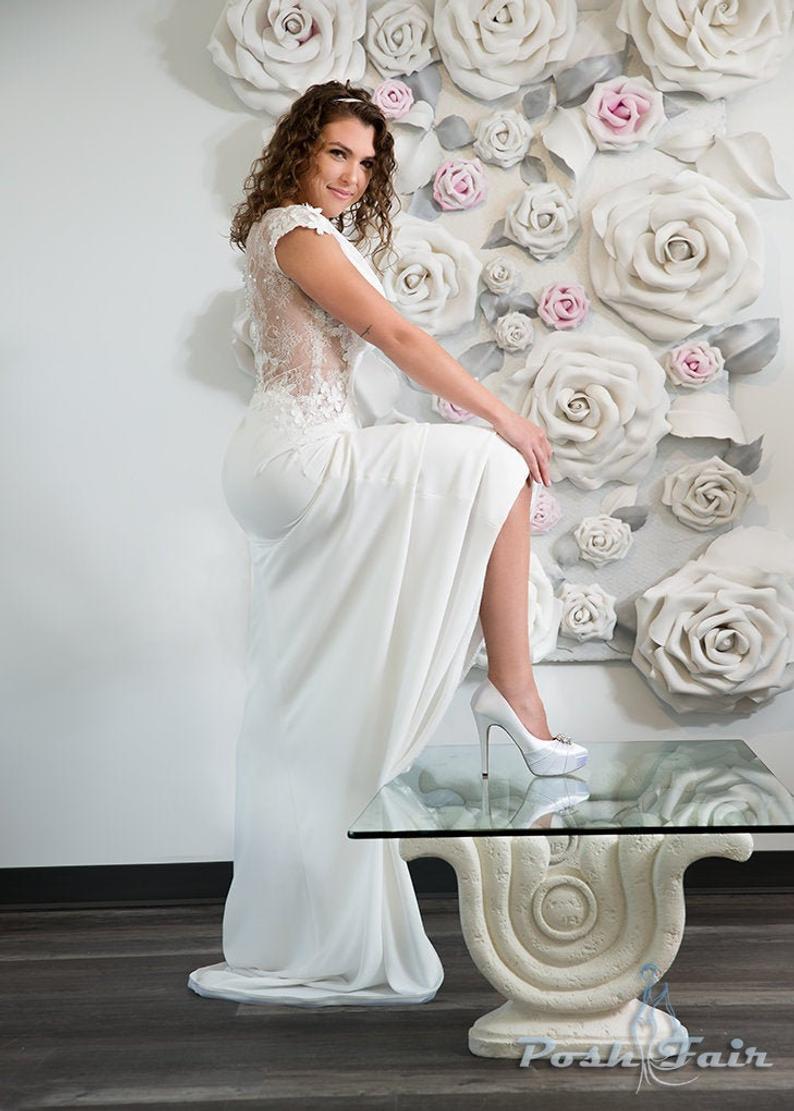 Simple Elegant Lace and Crepe Sheath Wedding Dress Decorated with French Lace and Chapel Silk Train 
etsy.com/ca/listing/532…