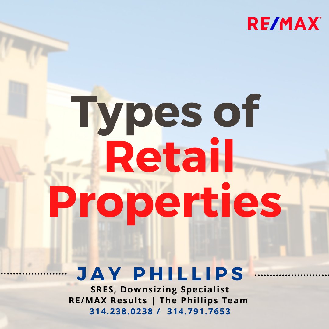 Are you familiar?
♦︎Community Retail Center
♦︎Convenience center
♦︎Power Center
♦︎Regional Mall
♦︎Out Parcel
♦︎Office/Industrial Conversions 

Jay Phillips, SRES, Downsizing Specialist
📞Direct Line: 314.238.0238 | 📞Mobile: 314.791.7653 
#realestate #retailproperties
