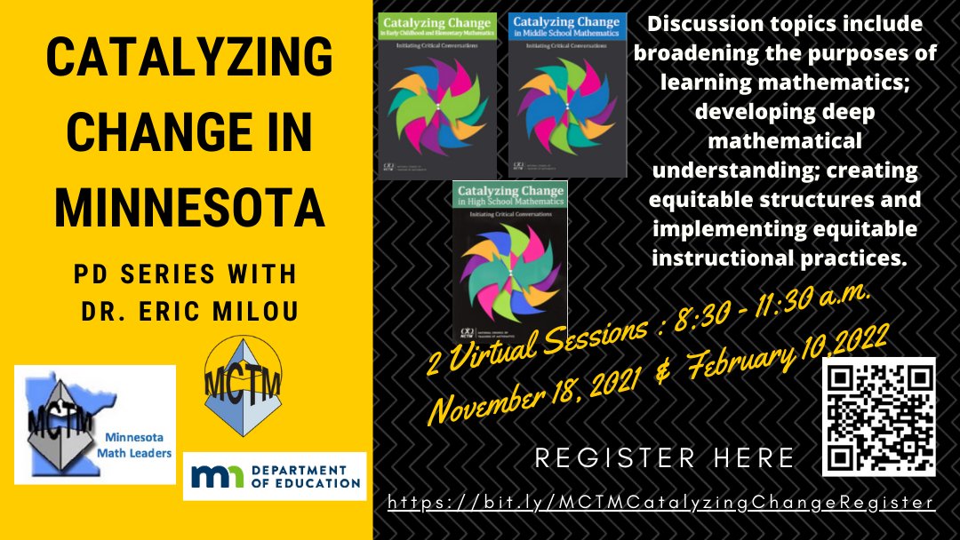 Join us for a year of learning with <a href="/drMi/">Eric Milou</a> as MN Math Leaders and <a href="/mctm_mn/">MCTM</a> discuss "Catalyzing Change for MN Mathematics" Get more information here: bit.ly/MCTMCatalyzing… 

Perfect for K-12 administrators, curriculum leaders, coaches, teacher leaders, and teachers! #MTBoS