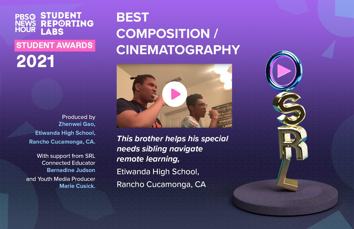 We's announcing winners from the 2020-2021 #SRLAwards! 

First up, 'BEST COMPOSITION/CINEMATOGRAPHY' goes to <a href="/etiwandanews/">Eagles News Network</a> for this story on helping a special needs sibling during the pandemic. youtu.be/Cw1D49lkVTo