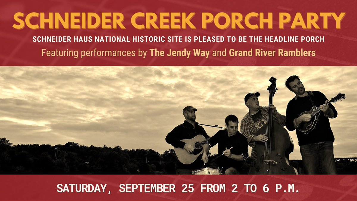 In just under two weeks we'll be the headliner porch for the  Schneider Creek Porch Party. 

We're excited to have the Grand River Ramblers, a Canadiana, Outlaw Bluegrass, Folk, Jam group, performing from 4:15 to 6 p.m.

Learn more at scporchparty.weebly.com/?fbclid=IwAR1c…
See you there!