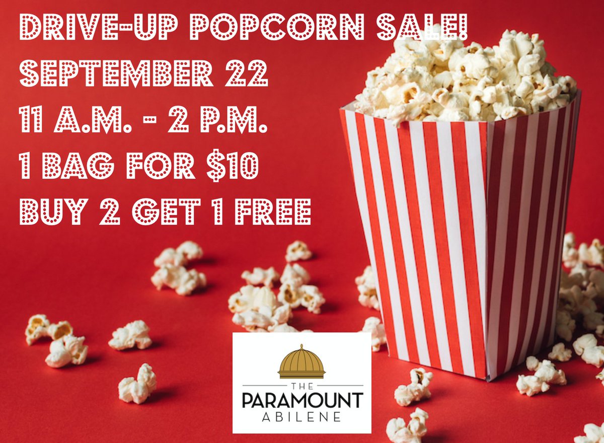 It’s been too long! On Wednesday, September 22, we’re bringing back our drive-up popcorn sale. Get some of our delicious Paramount popcorn for you and your family to enjoy at home!