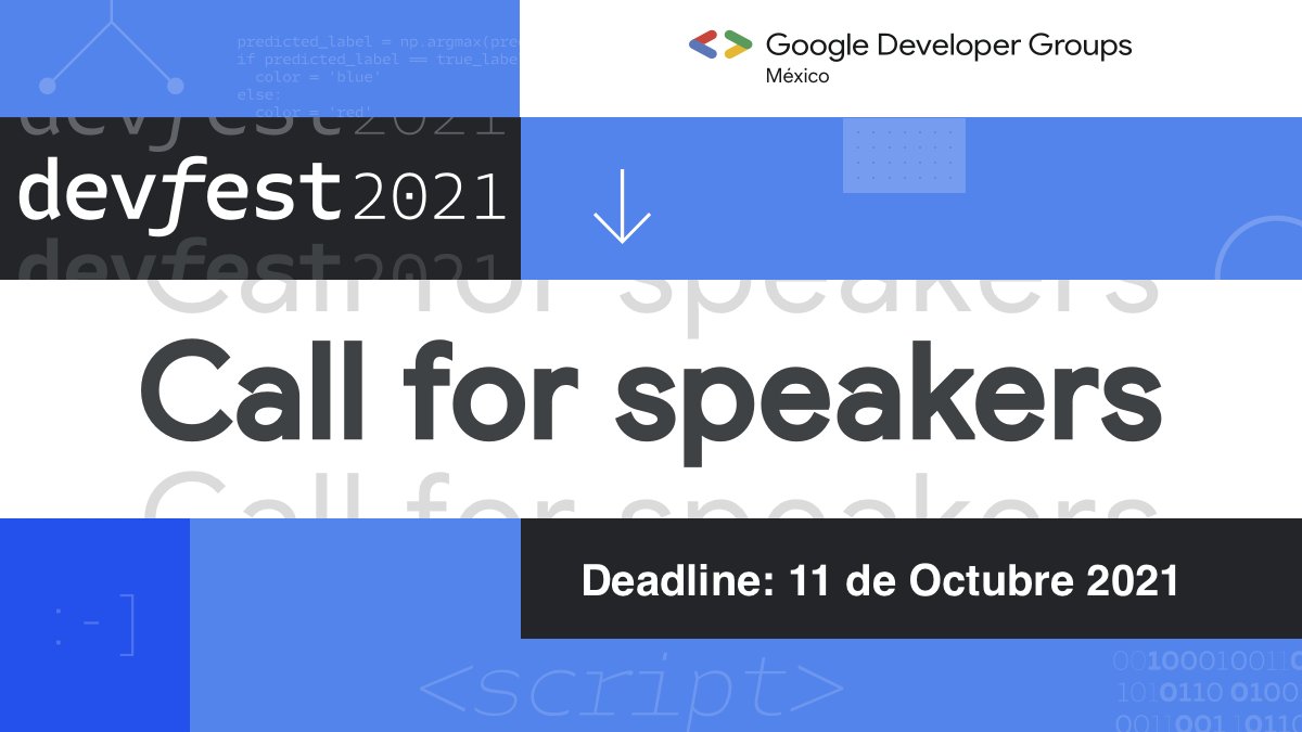 devfestmexico's tweet photo. Vuelve el DevFest en su edición 2021 #DevFestMéxicoUnido

¿Te gustaría compartir tu conocimiento y habilidades? 
 
La convocatoria para speakers está oficialmente abierta:
https://t.co/SgCIrpf787

Tracks: Mobile, Web, Design, Cloud, Machine Learning, MKT, IoT y más. https://t.co/nGM09TzERB