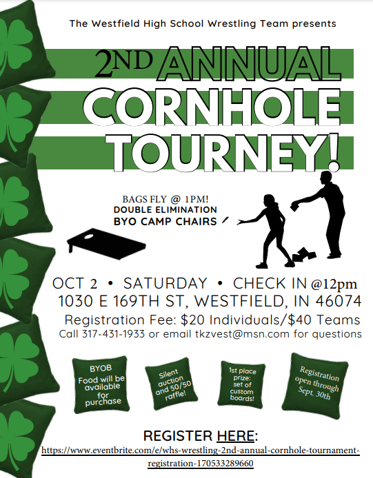 WWSWHS's tweet photo. The Westfield Wrestling Cornhole Tournament will take place on Sat 10/2 at 1030 E 169th St, Westfield. Check-in is at noon &amp; the Tournament Begins @ 1pm.  The cost is $20/$40 per team. Be sure to register by September 30th at https://t.co/N5tSpYAaFh https://t.co/ktIbZYf51g