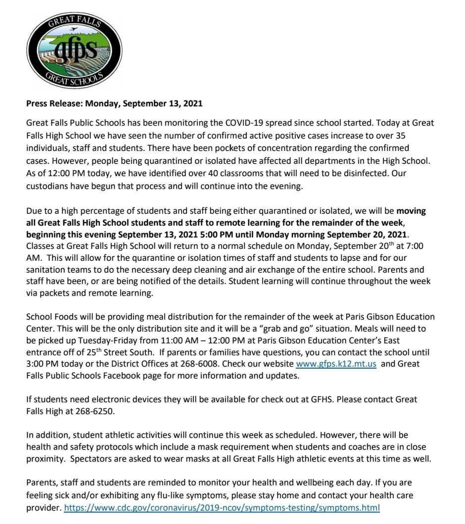 MaritsaGeorgiou's tweet photo. Great Falls High moves to remote learning for the rest of the week after identifying 35+ COVID+ cases. Release says 40+ classrooms need to be disinfected. #mtnews #COVID19 https://t.co/0rFacJ7UJH