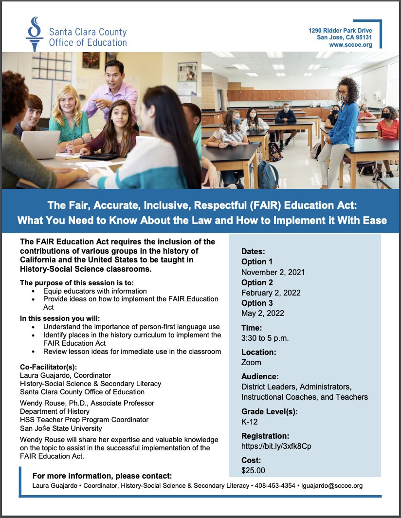 CivicSantaClara's tweet photo. Join us for some training on the FAIR Ed Act! Sign-up today at https://t.co/gf4bTxIkJT! @WendyLRouse @SantillanOlivia @LauraHistoryOG https://t.co/S9gcpKNnEC