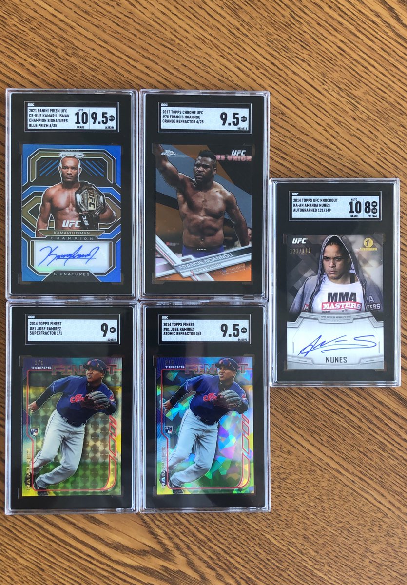 Got my latest SGC submission back in the mail today. Super happy w the results
-9.5 Usman 1st Auto (numbered to 35)
-9.5 Ngannou Rookie Orange Chrome (numbered to 25)
-8 Nunes 1st Auto (numbered to 149, tough card to find in good condition)
-9 Jose Ramirez Superfractor 1/1(!)