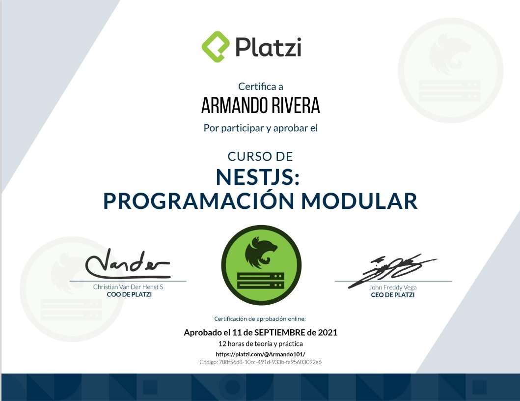 Este fin de semana aprobé el curso de Programación Modular con Nest.js en <a href="/platzi/">Platzi</a>  con <a href="/nicobytes/">Nicolas Molina</a> 
En este curso aprendí
- Cómo funcionan los módulos en Nest.js
- Uso de global Module
- Configuración de ambientes
- Inyección de dependencias
- Generar documentación en Swagger