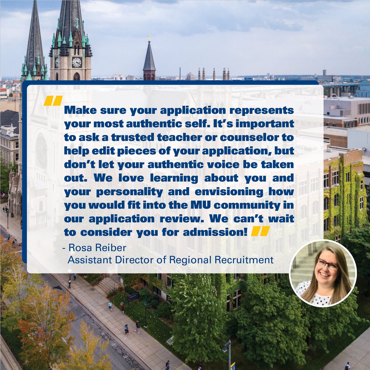 MUAdmissions's tweet photo. 📢 Application advice!
As you prepare your application this fall, our admissions team has some tips to help your materials stand out.
Tip No. 1 - Stay true to yourself.

Check back for more helpful advice throughout the fall. https://t.co/wHs3auy7yb