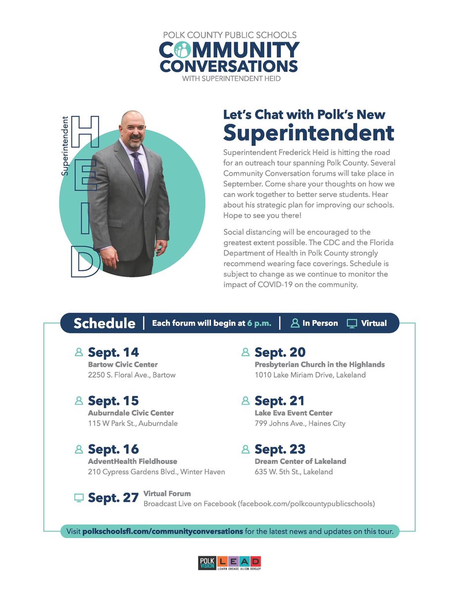 PolkSchoolsNews's tweet photo. The first Community Conversation with Superintendent Heid is 6 p.m. tomorrow at Bartow Civic Center. Hope to see you there! If you can't make it, check the flyer below for other upcoming sessions. https://t.co/foOCof9p9f