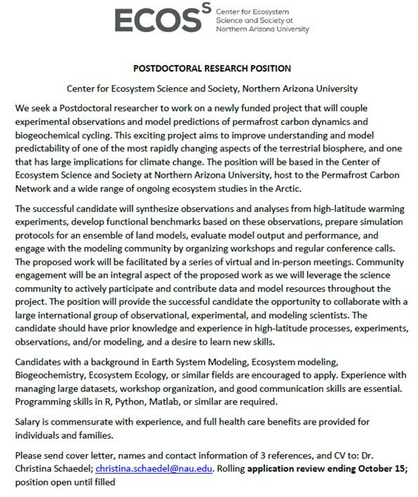 schaedelc's tweet photo. Are you excited about improving model predictions of permafrost carbon? Do you like data synthesis? Are you looking for a Postdoc in a beautiful place? We have a new position to fill https://t.co/BkKwcSq489
@Polar_Research @AGUbiogeo @CLM_science @PermafrostCN @PYRN_official https://t.co/jTYxzviWuO