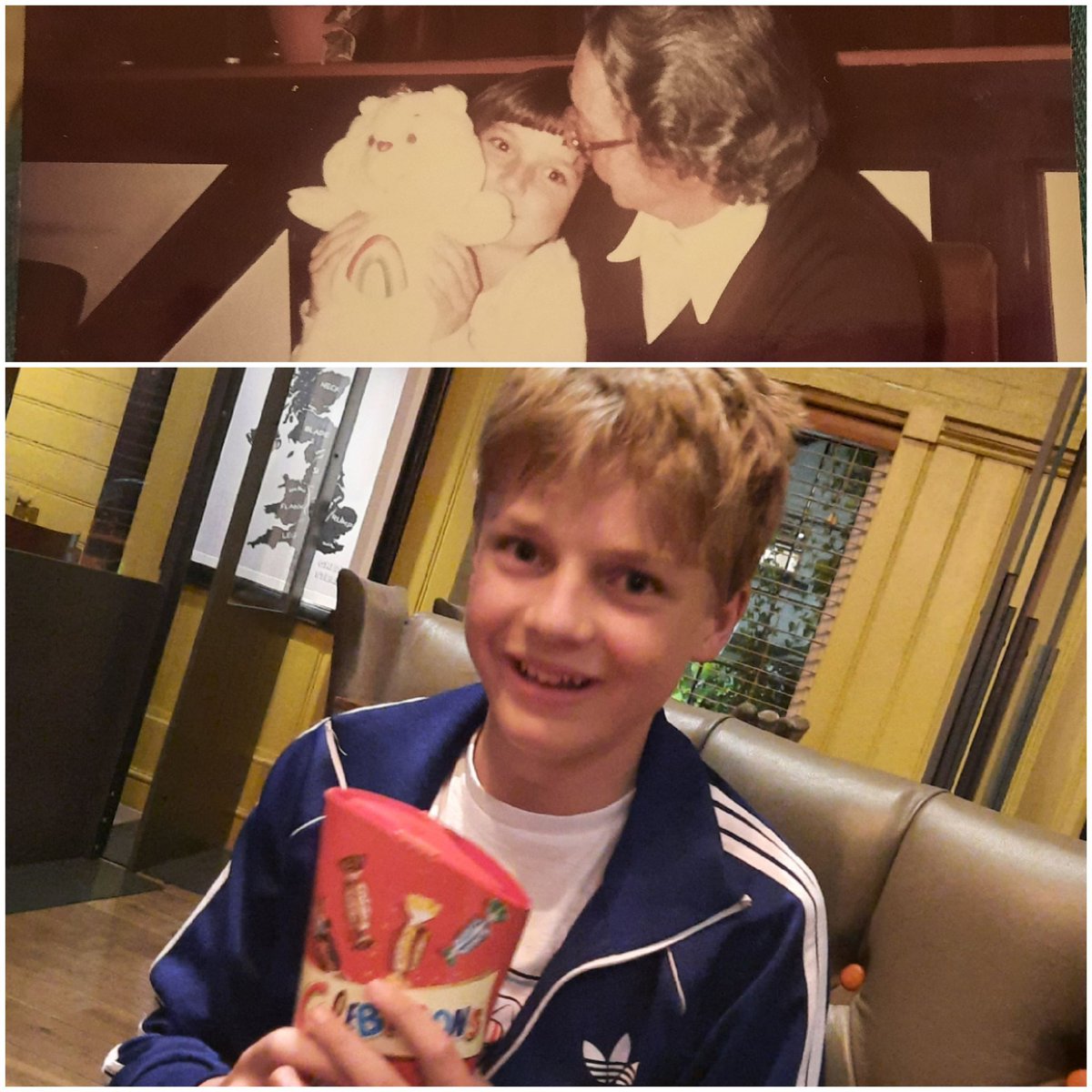 beccaboosles's tweet photo. Top photo is me on my 7th birthday with family friend..bottom picture my son today on his 15th birthday. Taken in the same restaurant 37 years apart....Thankyou the twelve bells @beefeatergrill for the birthday chocs #stilltrading #familytraditions #old https://t.co/of9x3p4CrB