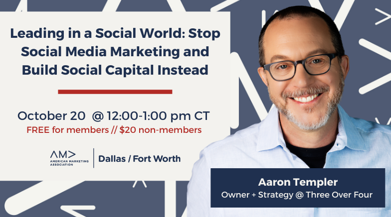 amadfw's tweet photo. Mark your 🗓️ for Oct. 20 at 12 pm CT for our next #AMADFW Virtual Executive Luncheon! Hear from #marketing expert &amp; author of Leading in a Social World @AaronTempler. Register today at:  https://t.co/0VsJW7u7gI https://t.co/NFZGNSX792