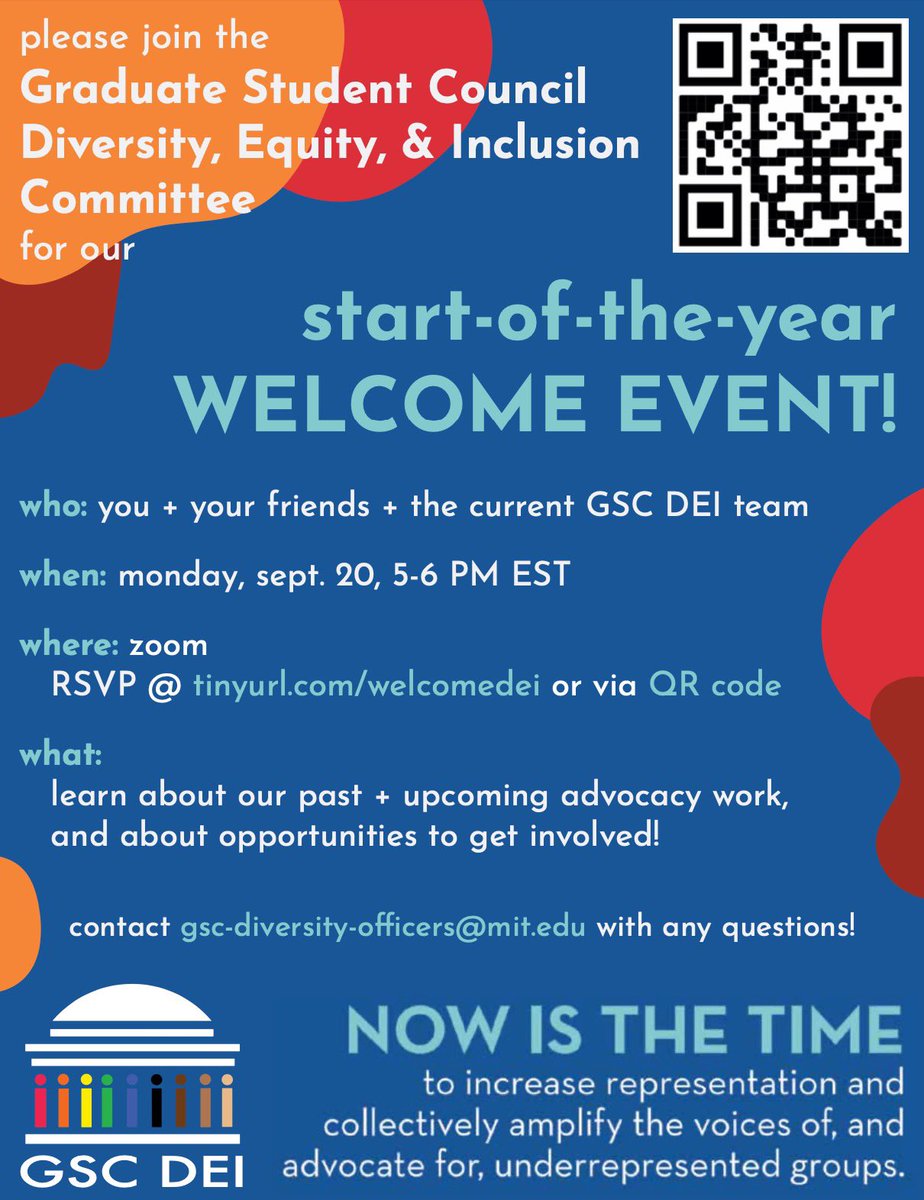 GSC_DEI's tweet image. Please join us for the GSCI DEI Welcome Event! Learn about our upcoming advocacy + how you can get involved. There are lots of opportunities + no experience required; we’d love to work with you! Info: Sept. 20, 5-6PM EST, over zoom; RSVP @ tinyurl.com/welcomedei