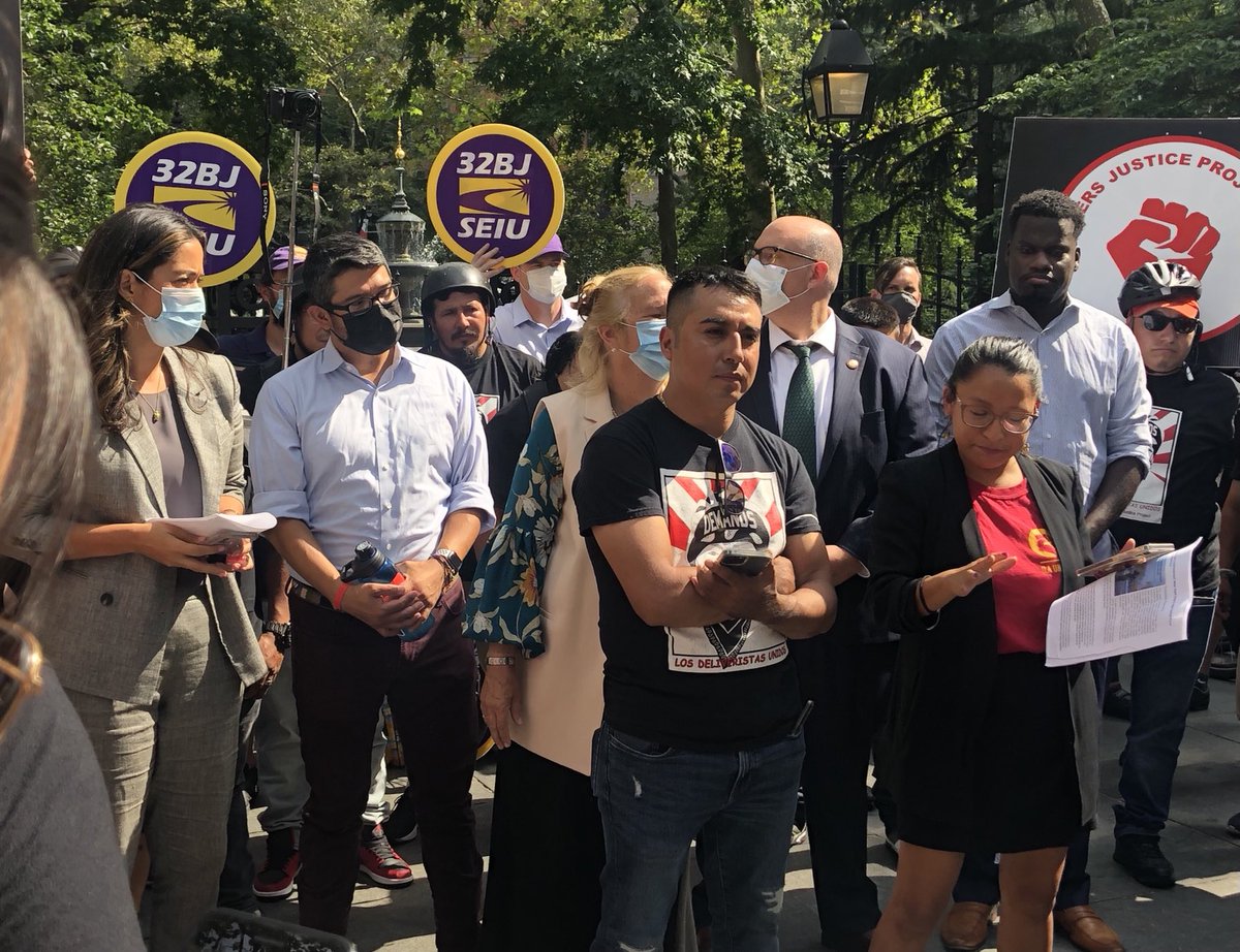 .@32BJSEIU members are out at City Hall supporting #LosDeliveristasUnidos @workersjusticep who became #essentialworkers but continue to face difficult conditions as they work, rain or shine, according to new report by @workerinstitute.