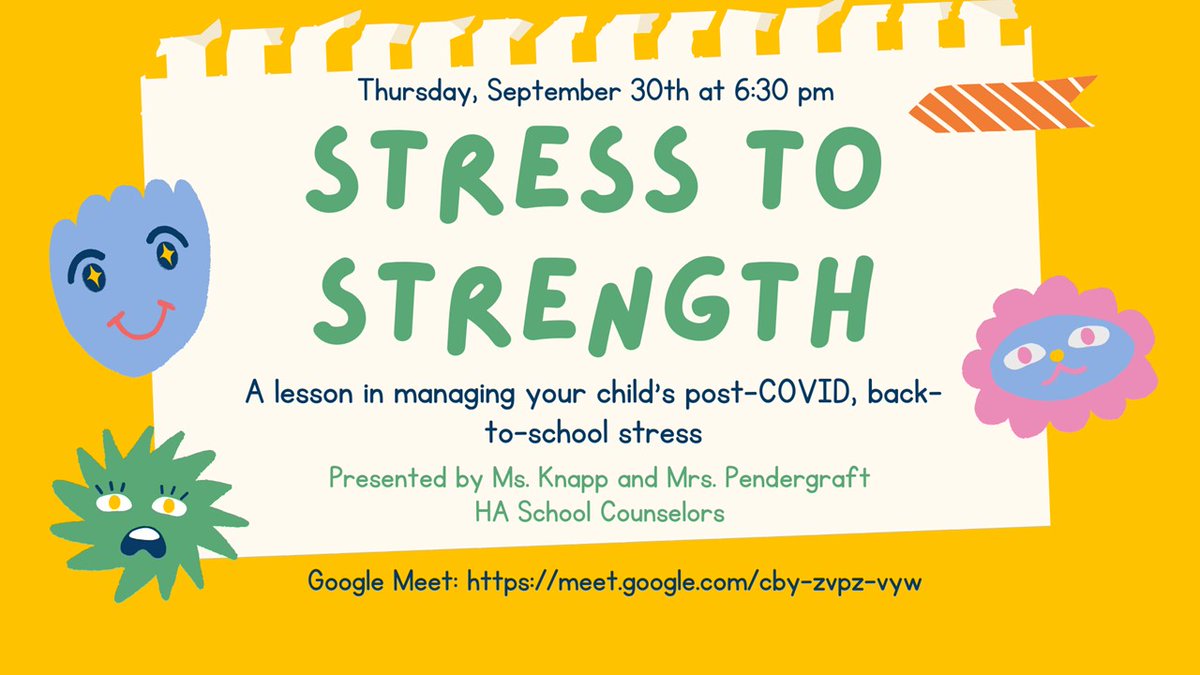 Hawk Parents! Has back to school got your Hawks feeling #AllTheFeels🤔😅😥😫?? Join our HAWKSOME school counselors on September 30 to talk about strategies to turn that post-Covid, back-to-school stress into STRENGTH! 💪