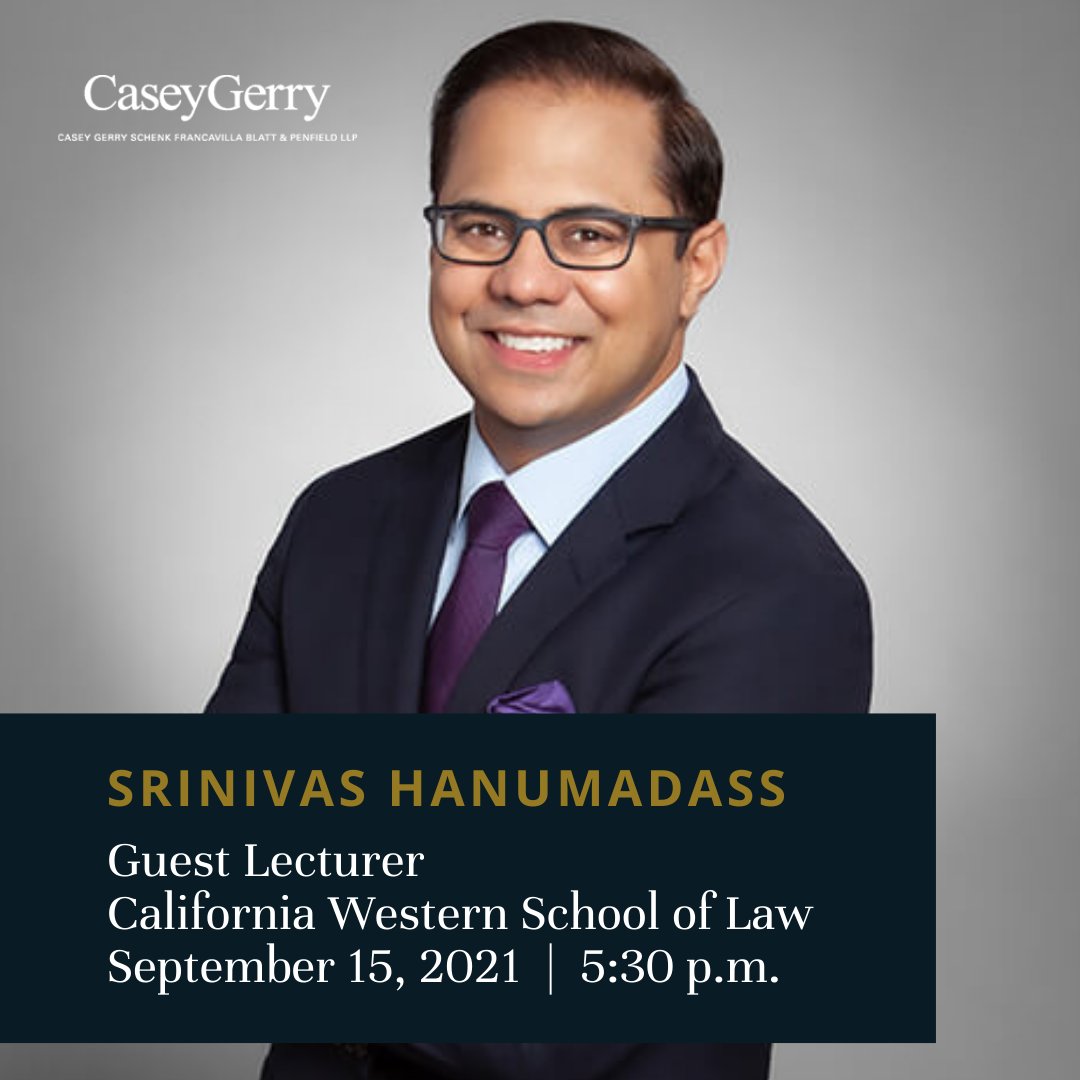 CaseyGerrySD's tweet photo. Srinivas Hanumadass will be guest lecturer to students at @CWSL_News on September 15 at 5:30 p.m. He'll discuss his experiences as a practicing attorney for 17 years and focus on the decisions that helped him achieve his goals and the persons who helped him along the way. https://t.co/QPGgAi77bk