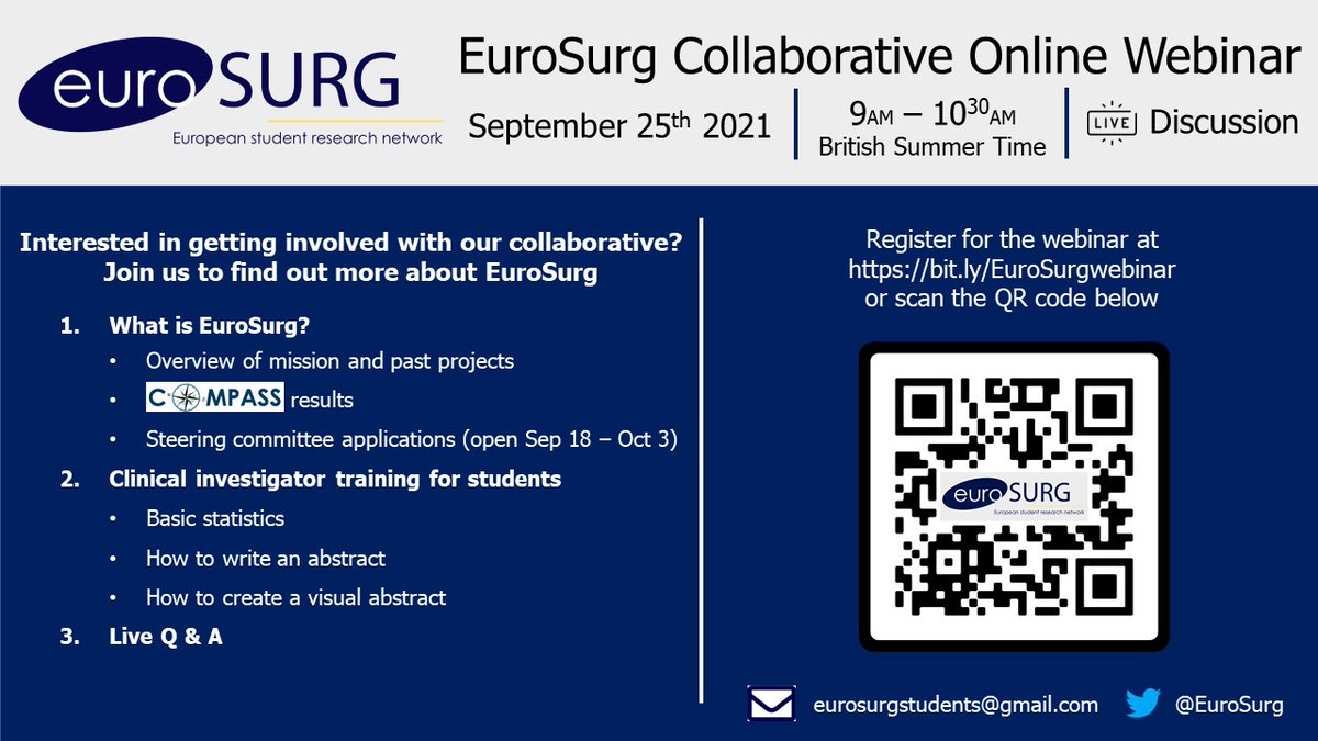 Interested in getting involved with our surgical collaborative? Join us online on September 25th (9AM-10.30AM London Time)! Register here: bit.ly/EuroSurgwebinar @MedAllApp Heads-up: we will open applications for new steering committee members on September 18th!