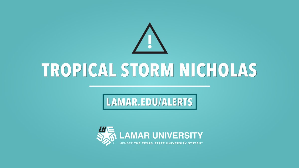 LamarUniversity's tweet photo. (UPDATE as of 9/13/2021 @ 4:00 p.m.)

(1/3) Out of an abundance of caution for Tropical Storm Nicholas, Lamar University is cancelling all classes for tomorrow, September 14, 2021. https://t.co/Re3wT45lkz