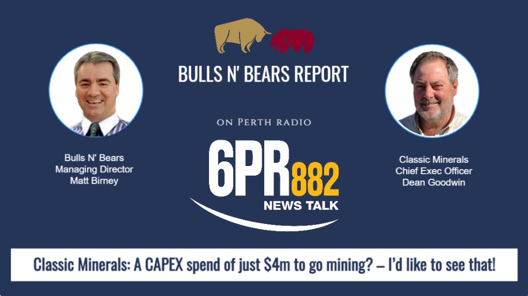 Bulls N' Bears (@bullsnbearswa) on Twitter photo Tune in to <a href="/6PR/">6PR Perth</a> from 11:50 am AWST (1:50 pm AEST) to hear <a href="/Classic_CLZ/">Classic_Minerals</a> CEO Dean Goodwin talk about Classic’s innovative mobile “Gekko” plant used to mine its high-grade gold in WA.
6pr.com.au/bulls-n-bears/ and click "LISTEN"
#CLZ $CLZ $CLZ.AX #BullsNBearsReport #ClassicMinerals Tune in to <a href="/6PR/">6PR Perth</a> from 11:50 am AWST (1:50 pm AEST) to hear <a href="/Classic_CLZ/">Classic_Minerals</a> CEO Dean Goodwin talk about Classic’s innovative mobile “Gekko” plant used to mine its high-grade gold in WA.
6pr.com.au/bulls-n-bears/ and click "LISTEN"
#CLZ $CLZ $CLZ.AX #BullsNBearsReport #ClassicMinerals