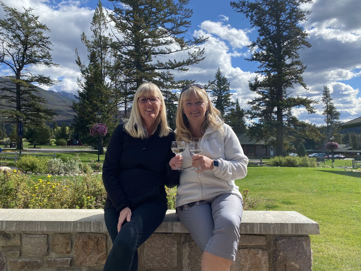 Some people are working today. Karen and Carol with their wine. Jasper Park Lodge. #vacation2021