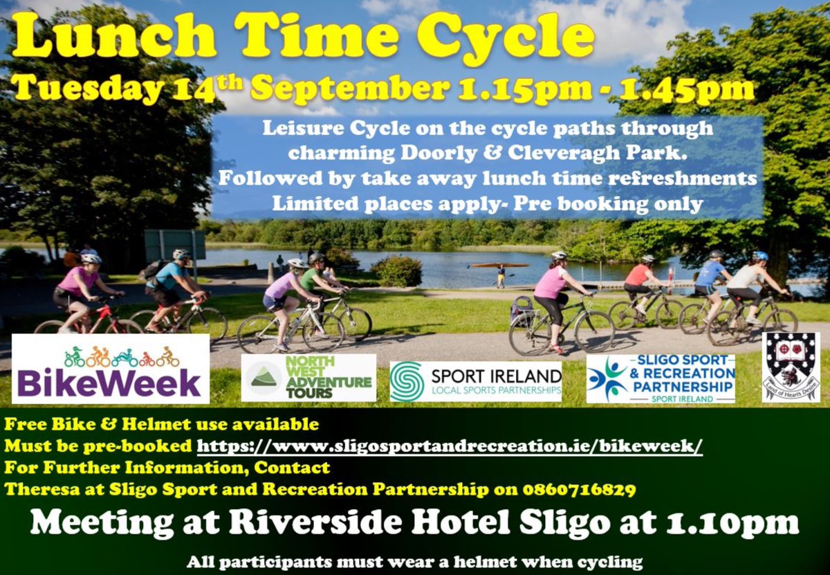 Lunchtime cycle tomorrow sound good for #BikeWeek2021 with <a href="/AdventureSligo/">Adventure Sligo</a> <a href="/SSRPSligo/">Sligo Sport and Recreation Partnership</a> <a href="/sligococo/">Sligo County Council</a>  meeting at <a href="/Riverside_Sligo/">RiversideHotel Sligo</a> .. Prebook online! #bikingsligo #cycleireland
