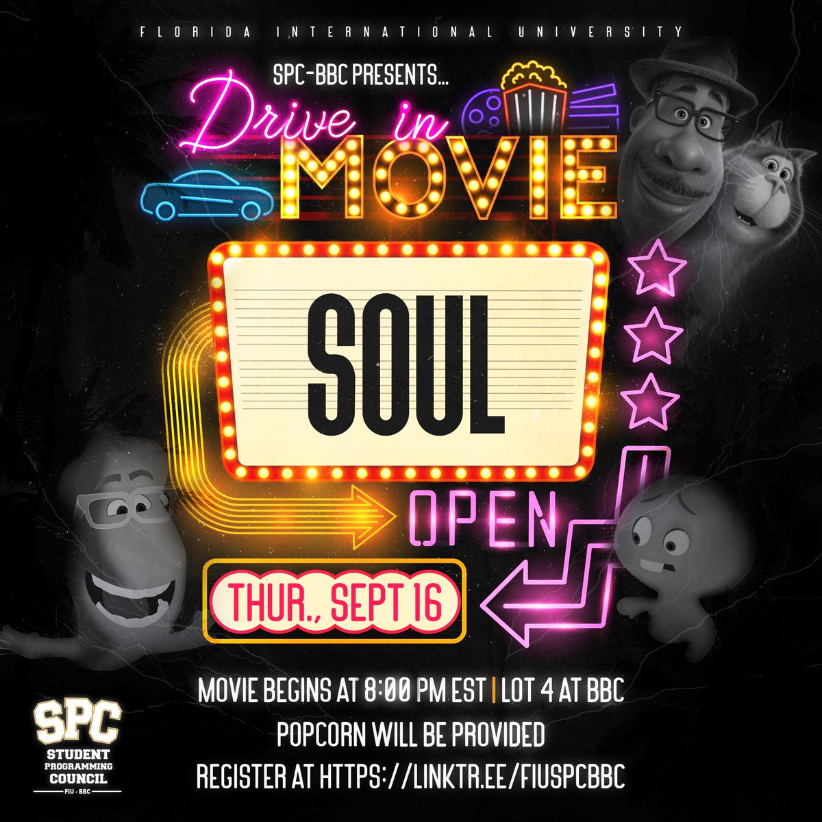FiuBayview's tweet photo. Haven't seen the movie Soul? Here is your chance!
 
Bring your snacks &amp; blankets to the drive in movie hosted by SPC Thursday, September 16th. Make sure to register with the link above!🍿🎥 https://t.co/qD0WMFRspi