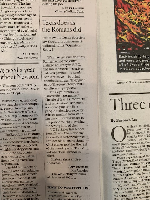 ClassicsAtUCLA's tweet image. Professor Amy Richlin draws parallels between Roman law and the recent Texas anti-abortion ruling in a Letter to the Editor published in today&apos;s LA Times. For those subscribed to the LA Times, check out the electronic article here: 
enewspaper.latimes.com/desktop/latime…