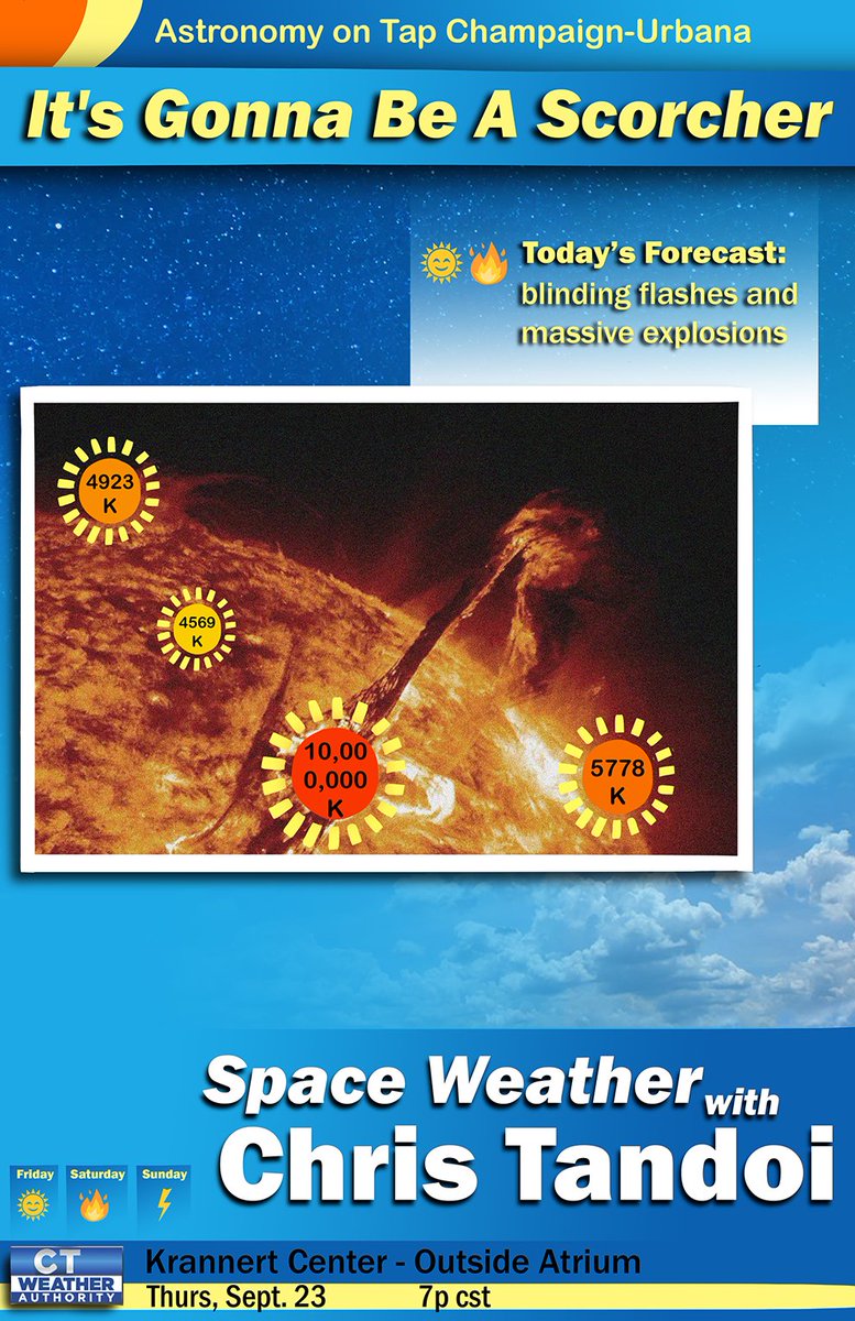 .@AstroOnTapCU is back in-person Sep 23rd, 7 PM, at the amphitheater outside the Krannert Center for the Performing Arts. Join Prof. Leslie Looney to hear about all the ways space can kill you and grad student, Chris Tandoi to learn about space weather! CU There!