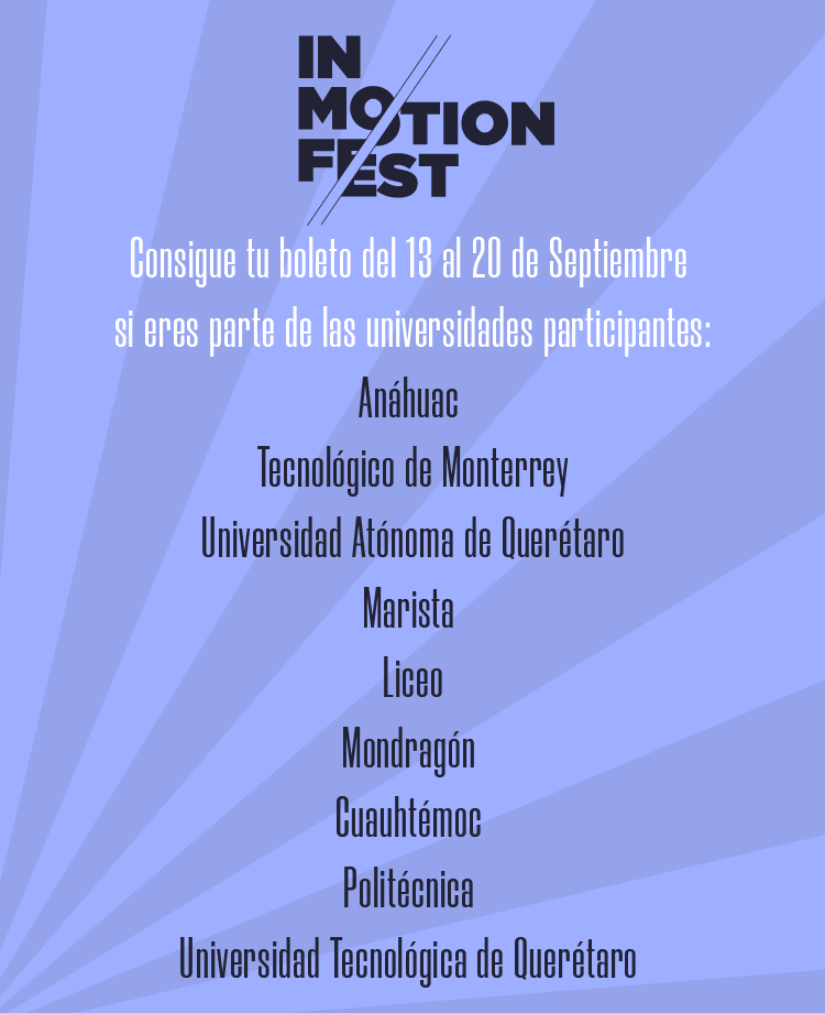 InMotionFestQro's tweet photo. Si perteneces a alguna de las universidades mencionadas, ¡ya puedes conseguir tu boleto para el evento! Sé parte del In Motion Fest 2021 y entérate de todo lo que podrás encontrar.
#todossomosInMotionFest #InMotionFest #networking #animacion #artedigital #movies #Queretaro https://t.co/vGkH0afrVR