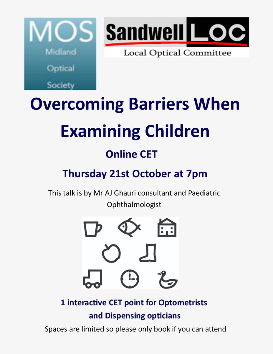mosoc01's tweet photo. Hi everyone! 
We are back with our next Sandwell LOC &amp; MOS Joint CET event on Thursday 21st October at 7pm via Zoom. This talk will discuss how to overcome barriers when examining children.
Please register using the link: https://t.co/44QTyquBHa.
We hope you can all make it! https://t.co/AqJkLKEszM