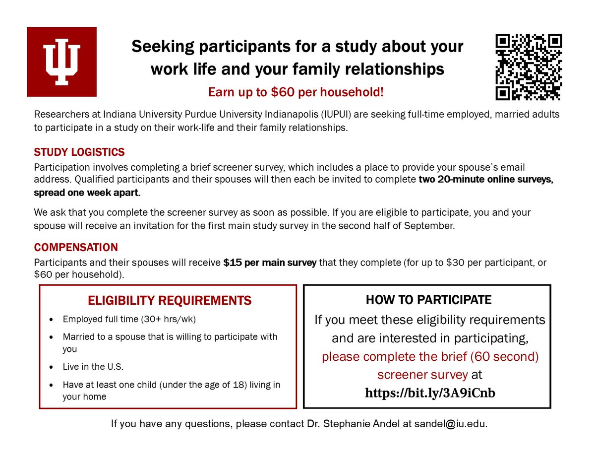 We're recruiting for a new study about how work influences family time! 

Participants &amp; their spouses can each earn up to $30. See below for eligibility info. If interested, please complete the 2-minute screener survey @ bit.ly/3A9iCnb

Feel free to re-tweet! Thank you!