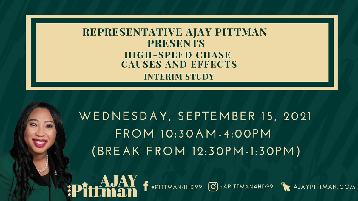 okblackcaucus's tweet photo. Join Rep. Pittman this Wednesday, September 15th at 10:30 am for a Public Safety Committee Interim Study about High Speed Chases in metropolitan areas.
 
To watch:
https://t.co/trwxkOH7aT
 
If you have a personal testimony, please contact Rep. Pittman at ajay.pittman@okhouse.gov https://t.co/nCki2ALs9m