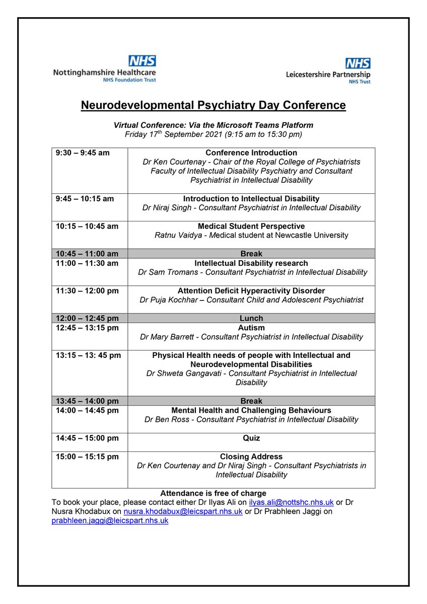 Come along to a free one day Neurodevelopment disorder day conference at the University of Leicester! To book for free of charge, email ilyas.ali@nottshc.nhs.uk