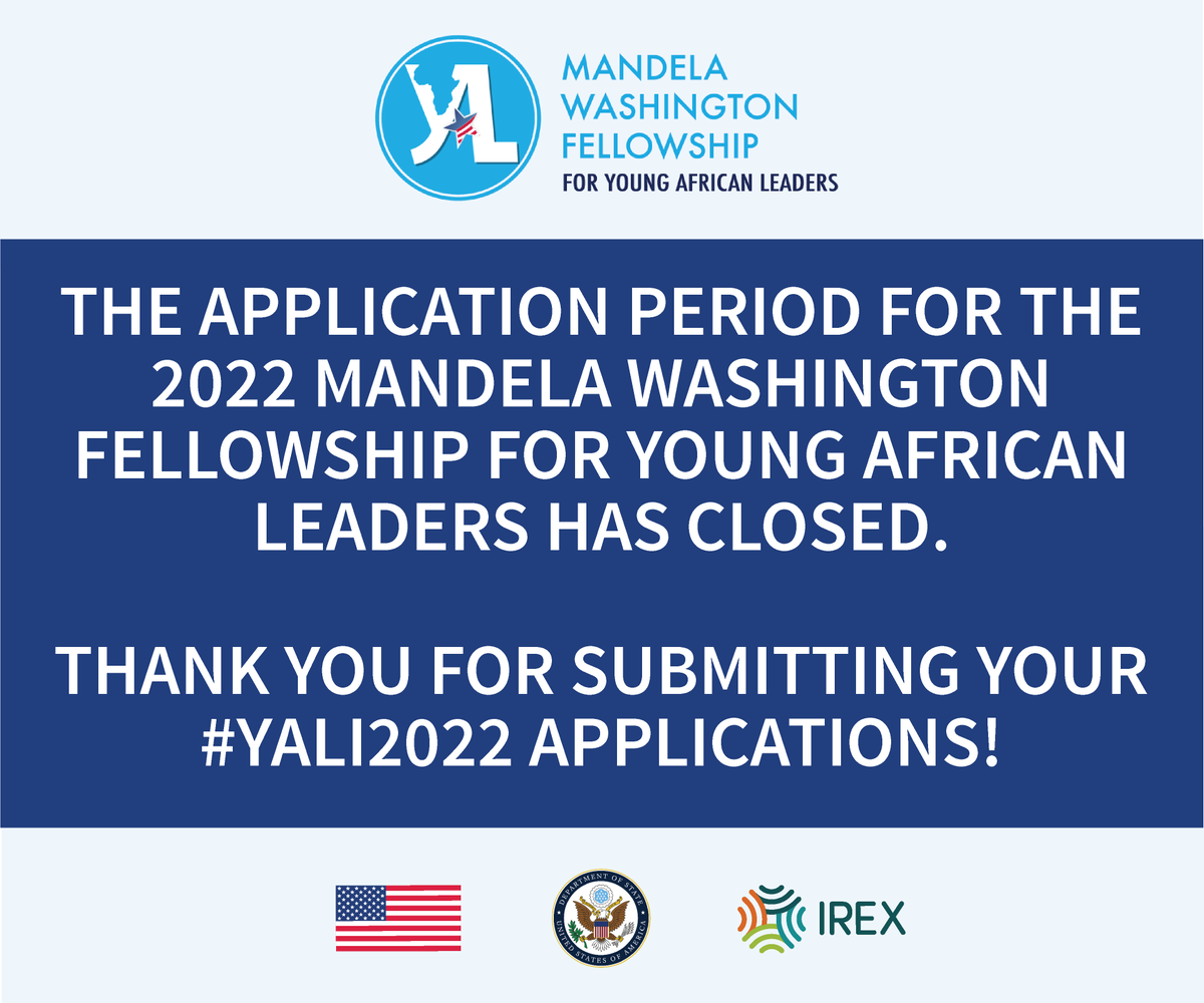 WashFellowship's tweet photo. The #YALI2022 application period is now closed. Thank you to everyone who took the time to apply! We look forward to learning about you and selecting the next group of leaders to join a dynamic and growing network. Learn more about the selection timeline: https://t.co/Jd45V3ozDz https://t.co/Ta78Jhqisn