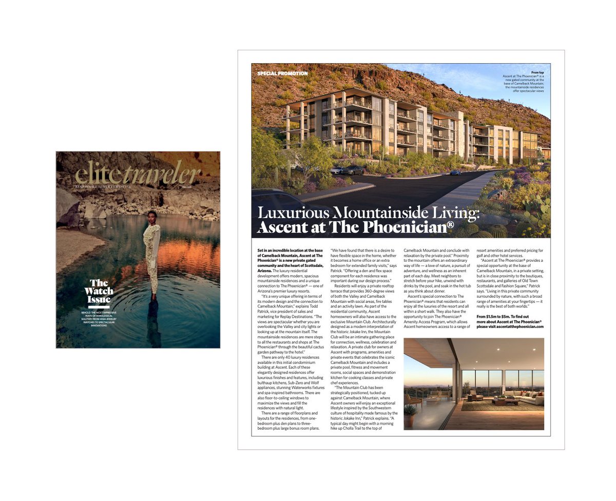 AscentScottsdal's tweet photo. While reading about the best road trip destinations in Arizona, the most innovative watches &amp; the finest in luxury travel you will find a new Ascent at The Phoenician® feature in the Fall edition of Elite Traveler.
#elitetraveler #scottsdale https://t.co/53wy2OFpTH