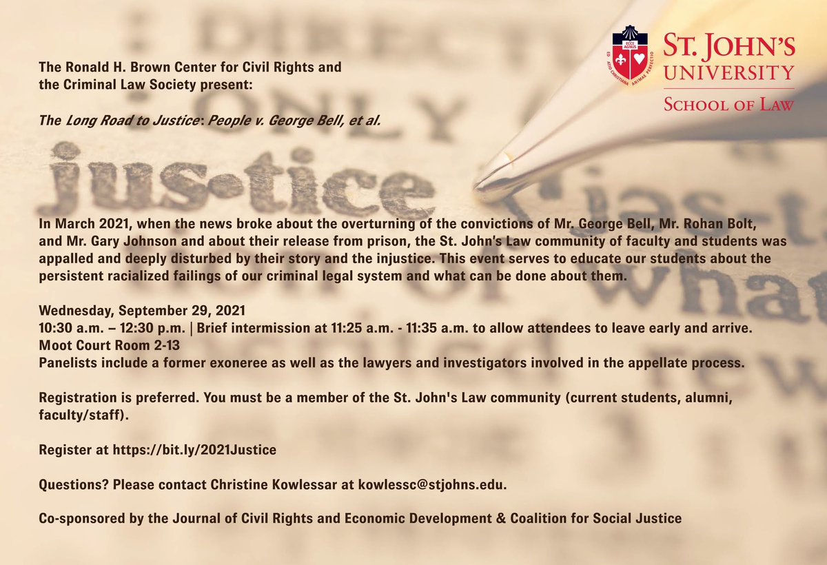 <a href="/StJohnsLaw/">StJohnsLaw</a> Community join us, <a href="/JCRED_SJU/">JCRED</a>, and <a href="/CsjSju/">The Coalition</a> for our panel event to discuss the overturning convictions for Mr. George Bell, Mr. Rohan Bolt, &amp; Mr. Gary Johnson at our event, Long Road to Justice, People v. George Bell, et al.
