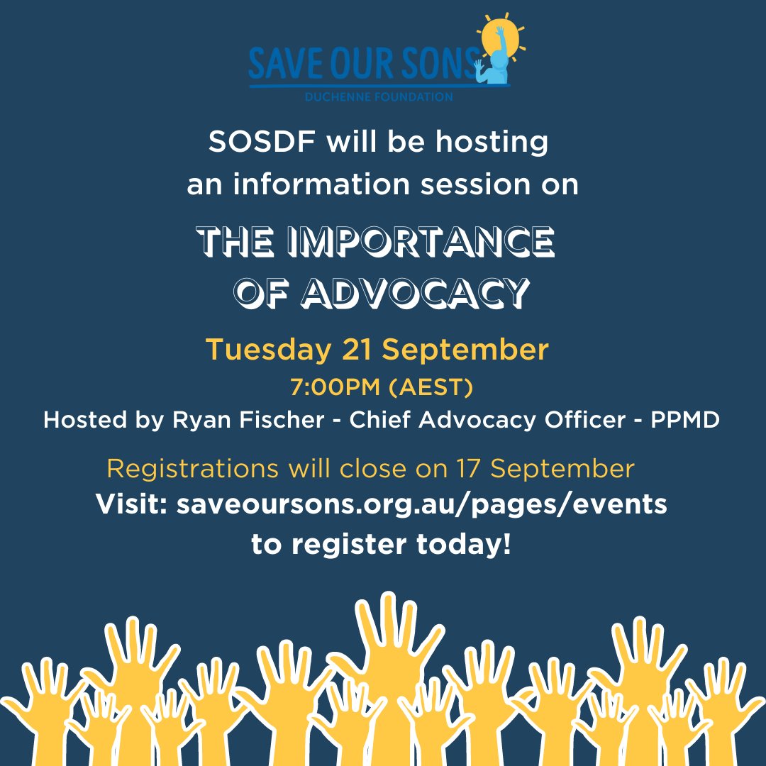 Save Our Sons Duchenne Foundation will be hosting an information session on "The Importance of Advocacy" on Tuesday 21 September at 7PM (AEST). 

This session will be hosted by PPMD's Chief Advocacy Officer Ryan Fisher. 

To register visit: saveoursons.org.au/pages/events