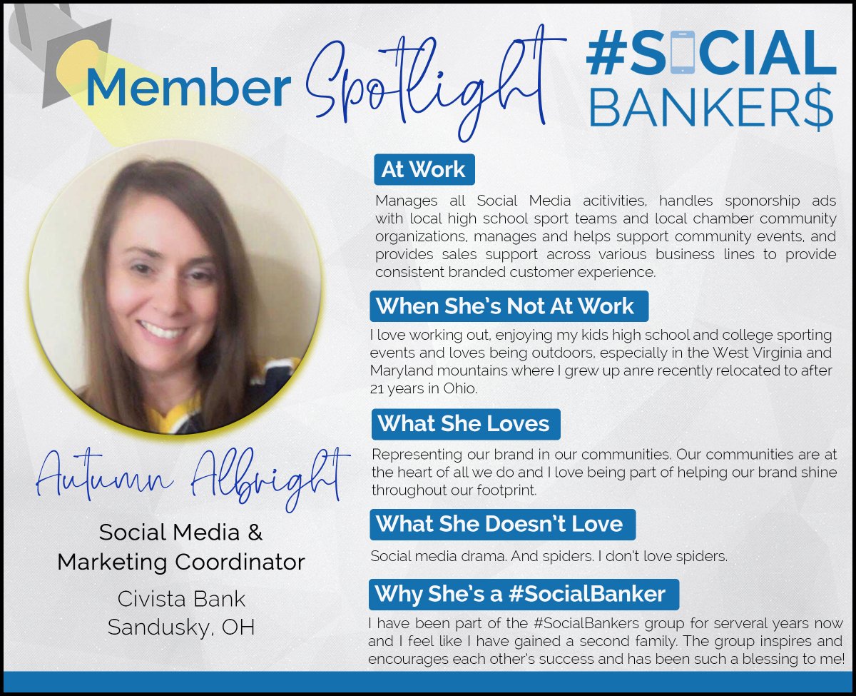 SocialBankers_'s tweet photo. Get to know Autumn Albright (@AutumnAlbright1), one of the original #SocialBankers! Be sure to check us out at https://t.co/HKOFNjMQIR to learn more about the group and how to join! https://t.co/N0Ge9dQjjy