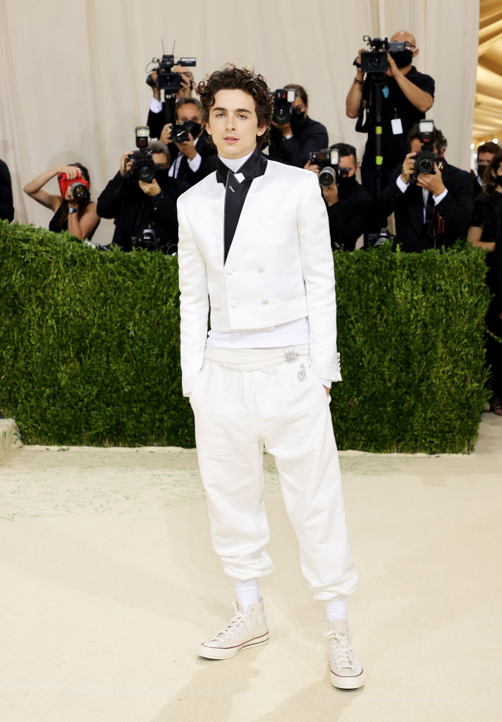 .<a href="/RealChalamet/">Timothée Chalamet</a> working white on white in Haider Ackermann and <a href="/Converse/">Converse</a> as he arrives at the #MetGala.