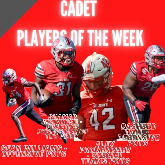 Congrats to The Cadet Players of The Week <a href="/seannwilliamss_/">Sean Williams</a> <a href="/ShamarMcintosh/">Mac11</a> <a href="/SheedSsj/">RAASHED HALL</a> <a href="/AlexProvencher8/">Alex Provencher</a> 🛡⚔️