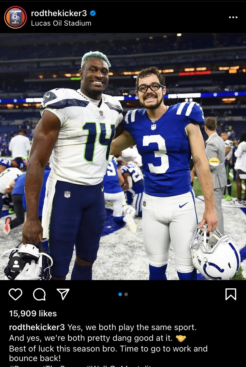 Ari Meirov on X: Love this. #Colts kicker Rodrigo Blankenship got a  picture with DK Metcalf following Sunday's game. “Yes, we both play the  same sport. And yes, we're both pretty dang