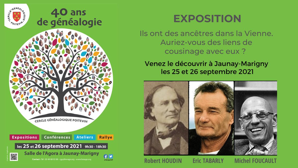 J-9 Le CGP fête ses 40 ans !
25 &amp; 26 septembre salle Agora à Jaunay-Marigny. 
Jean-Eugène ROBERT HOUDIN,  Eric TABARLY &amp; Michel FOUCAULT ont tous des ancêtres dans la Vienne. Venez découvrir si vous avez des liens de parenté avec eux.
Détail du programme : herage.org/blog/?p=2960