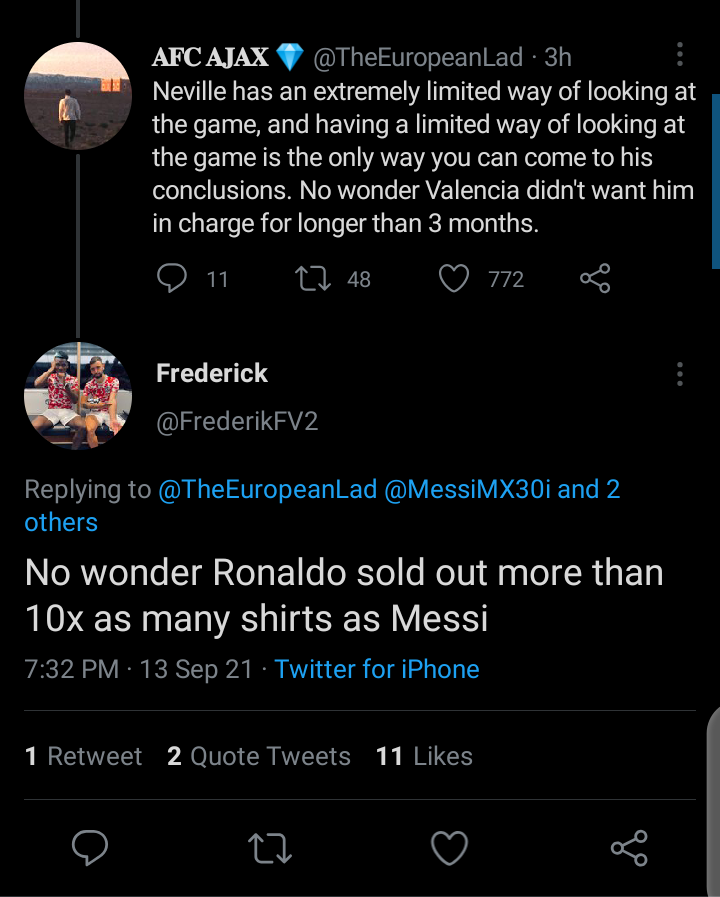 SneakyMessi's tweet photo. Absolute truth! Like when the debate came up, @TheEuropeanLad made his point, the most ridiculous response from a Ronaldo fan came in talking about shirt sales to tell who is better. Lmao https://t.co/67WGmuFsXm