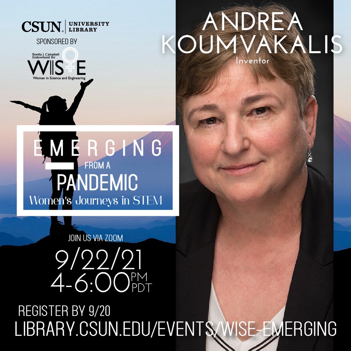 CSUNLibrary's tweet photo. CSUN WISE Presents: Emerging from a Pandemic - Women’s Journeys in STEM 
We're excited to welcome Andrea Koumvakalis, Ph.D., recently retired Technical Fellow at Boeing. Her expertise includes high energy lasers, laser beam diagnostics, and optical payloads for space application. https://t.co/WksO022PsR